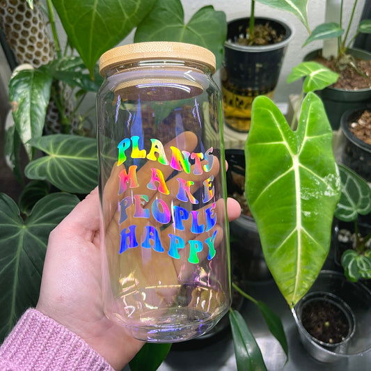 plants make people happy iridescent holographic can glass 20oz. w/ lid & straw