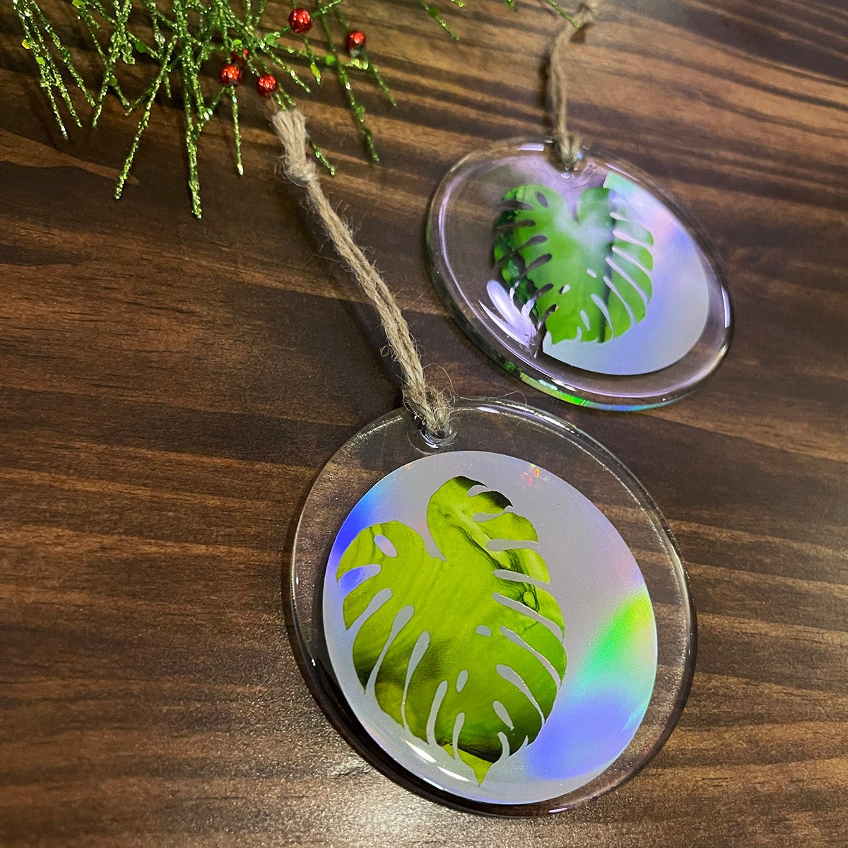 monstera leaf holiday ornaments silver rainbow holographic handmade plant gifts