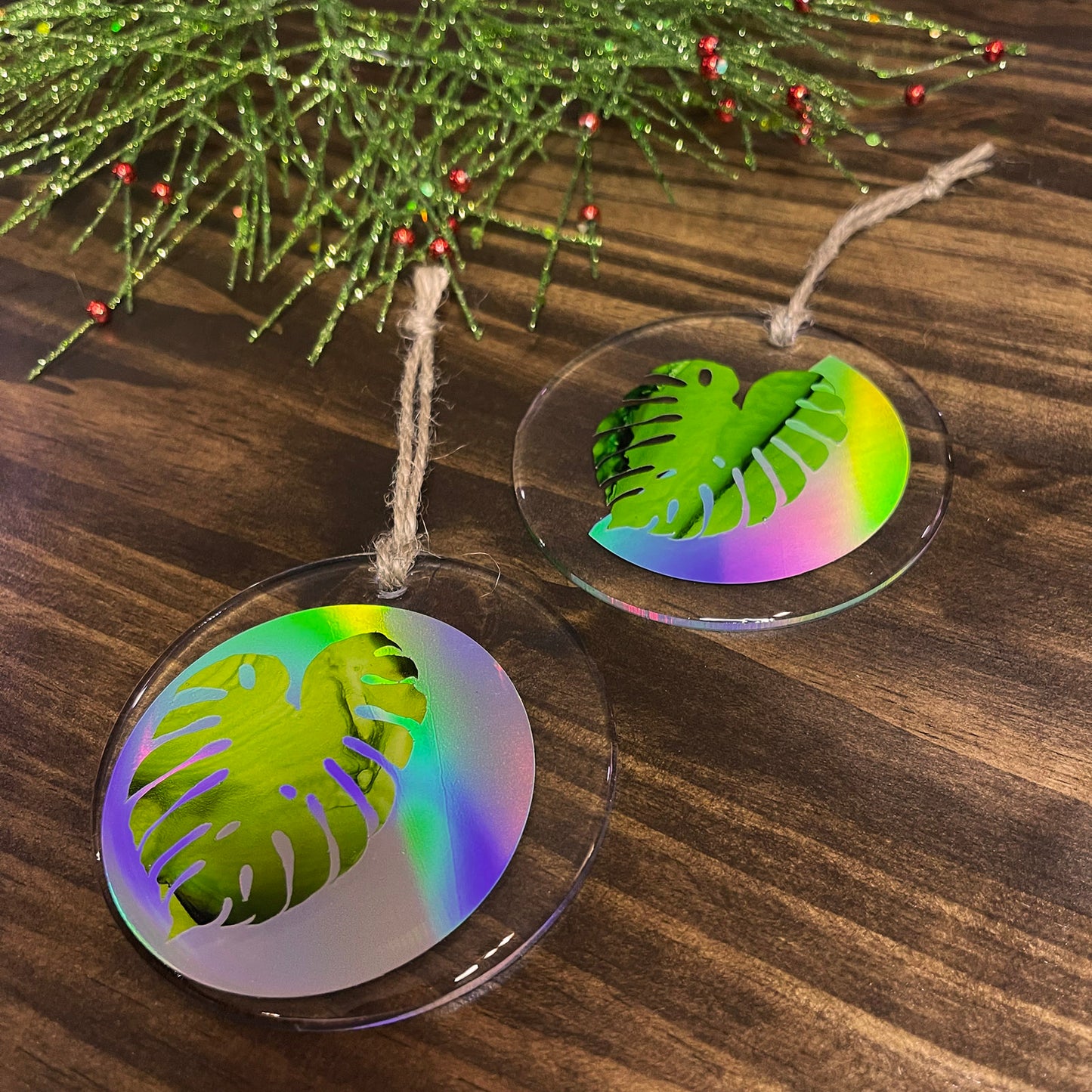 monstera leaf holiday ornaments silver rainbow holographic handmade plant gifts