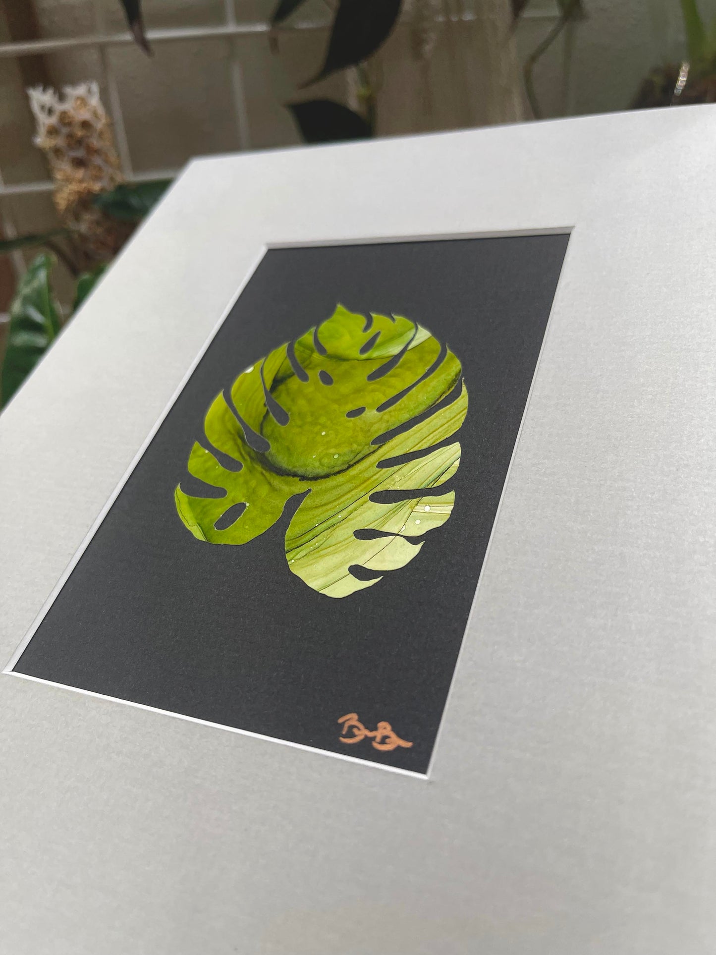 monstera leaf painting grey 8x10 mat board
