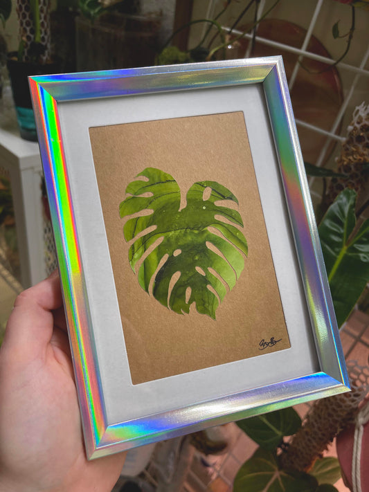 monstera leaf painting iridescent frame 4"x6"