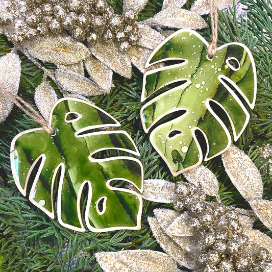 monstera leaf ornament hand painted holiday ornament light stain