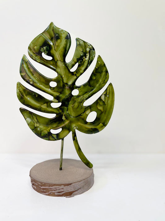 monstera leaf plant decor painted metal standing leaf