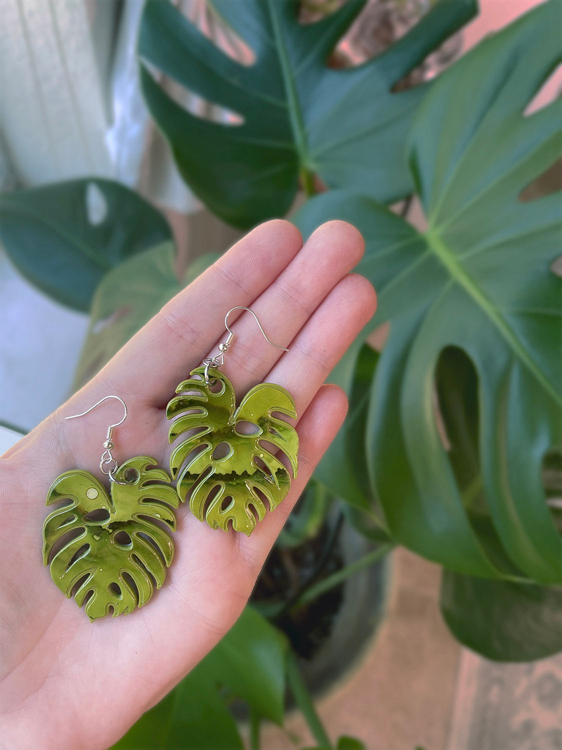 monstera leaf dangle earrings handmade botanical gifts