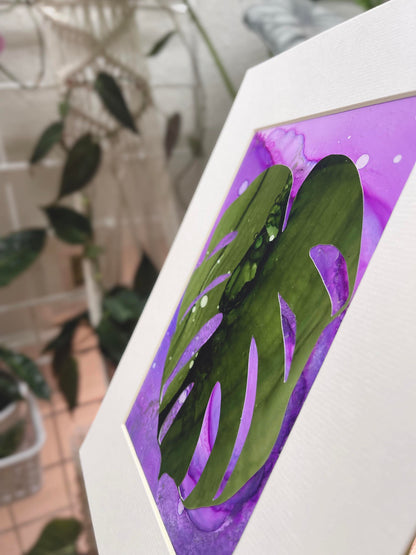 monstera leaf galaxy painting 8x10 matted original artwork