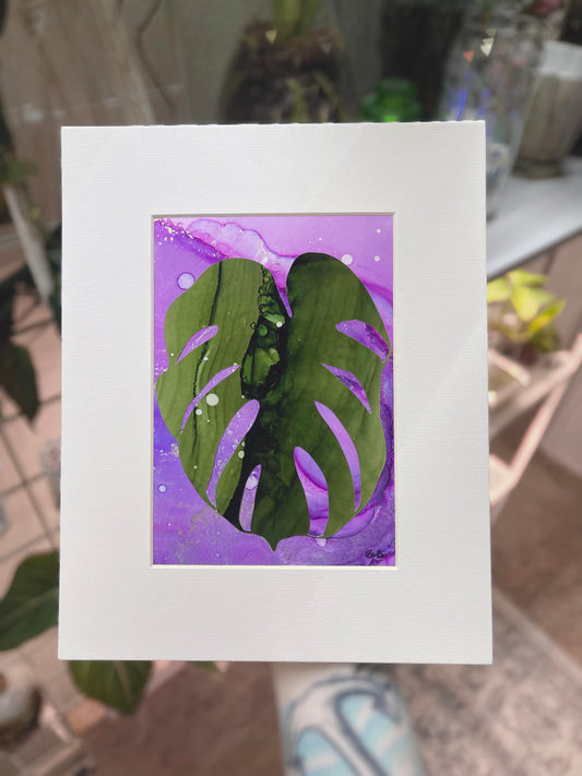 monstera leaf galaxy painting 8x10 matted original artwork