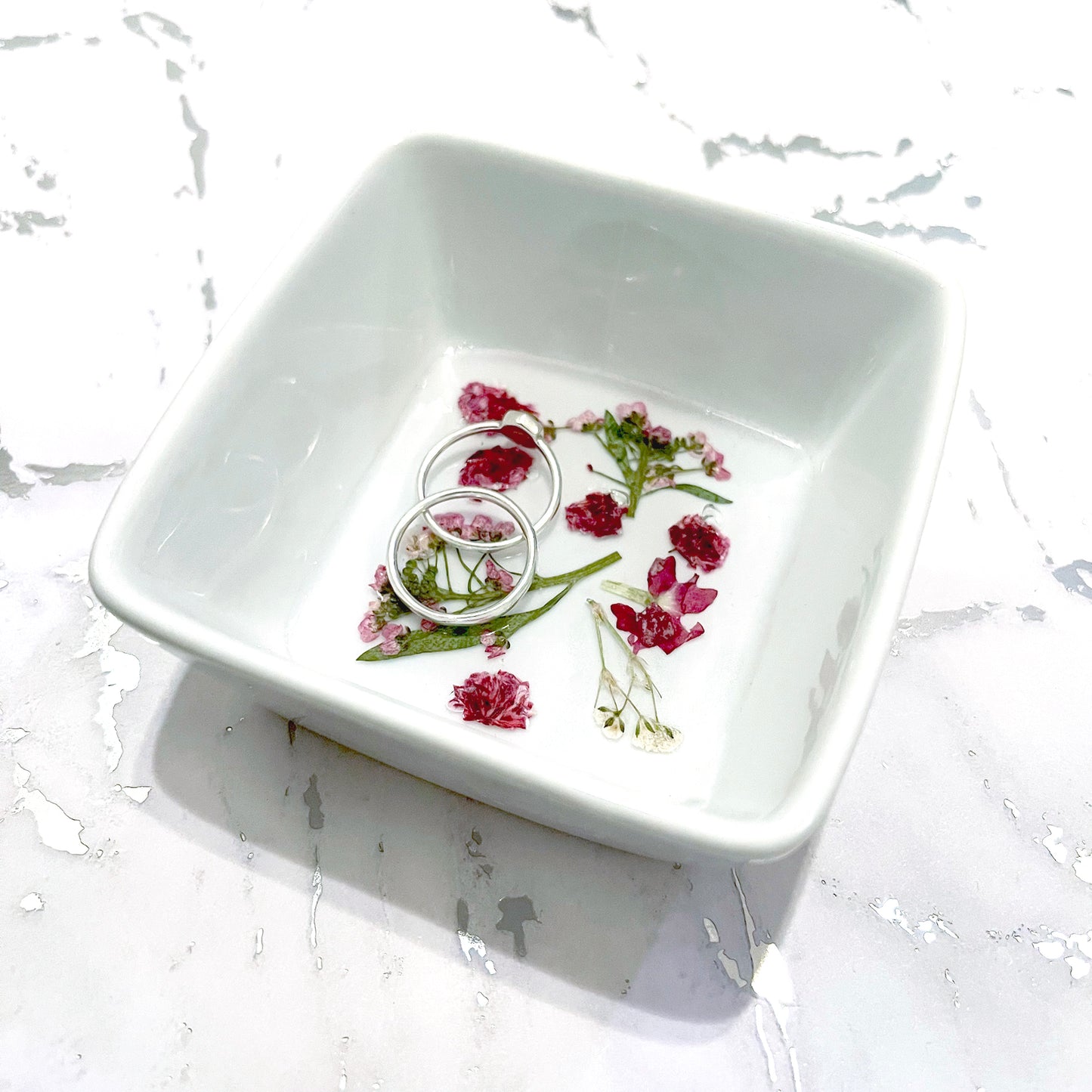 pink pressed flowers ring dish