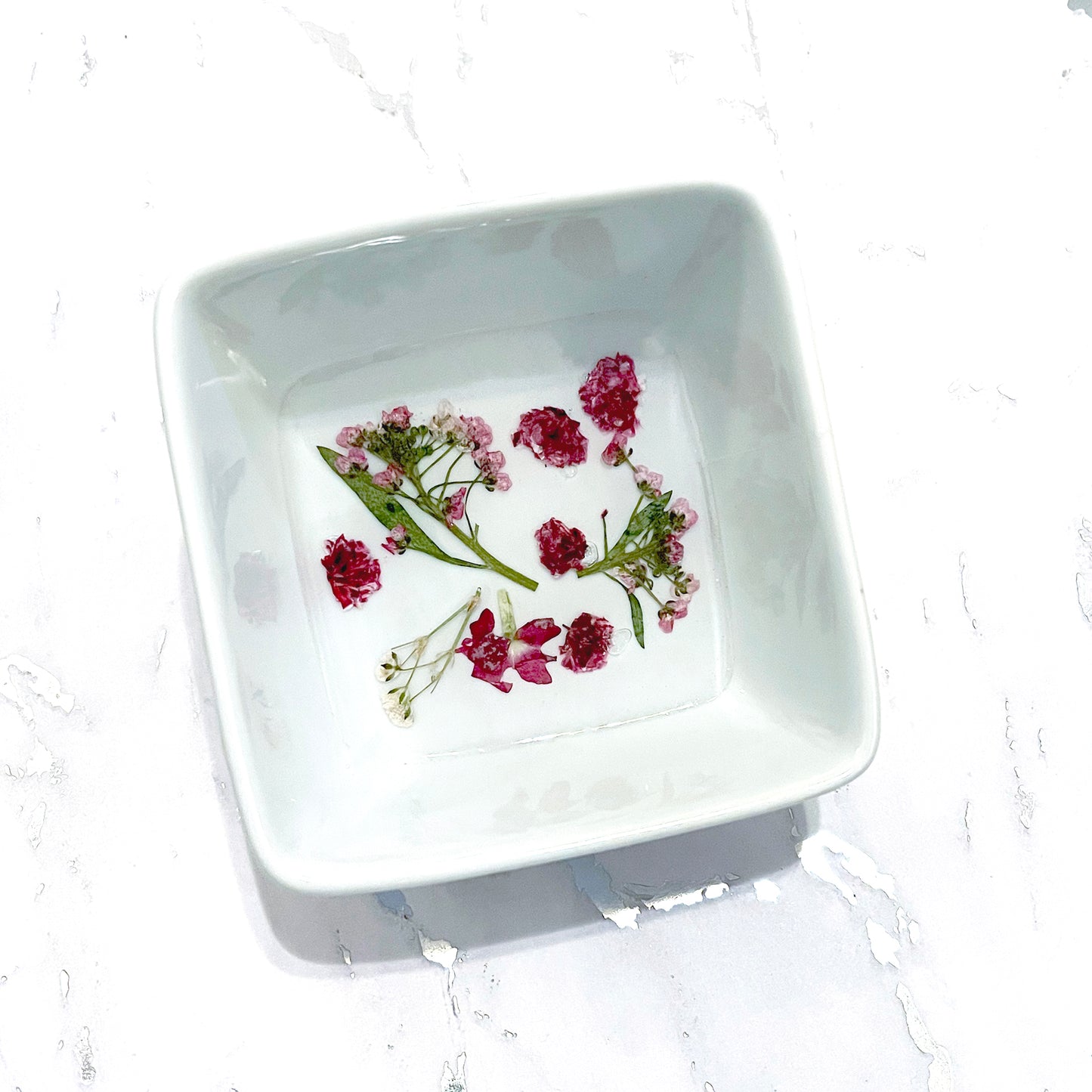 pink pressed flowers ring dish