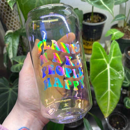 plants make people happy iridescent holographic can glass 20oz. w/ lid & straw