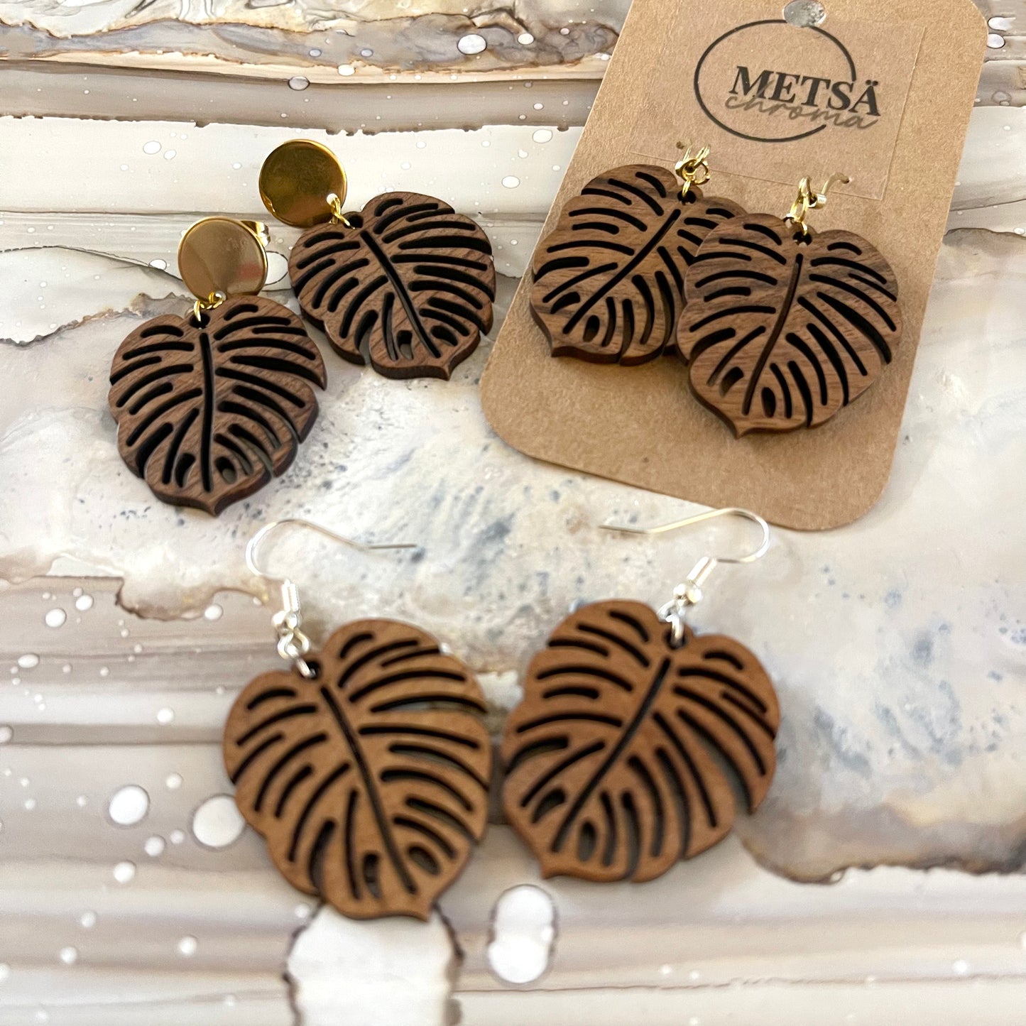 monstera leaf earrings handmade wood jewelry