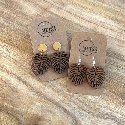 monstera leaf earrings handmade wood jewelry
