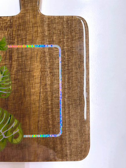 monstera leaves cheeseboard rainbow holographic serving tray
