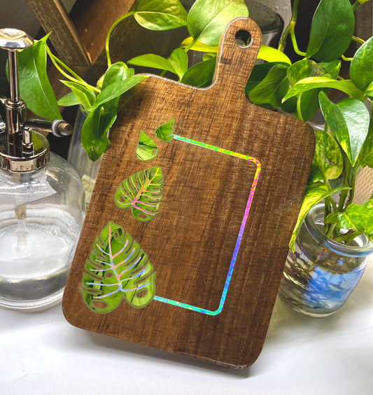 monstera leaves cheeseboard rainbow holographic serving tray